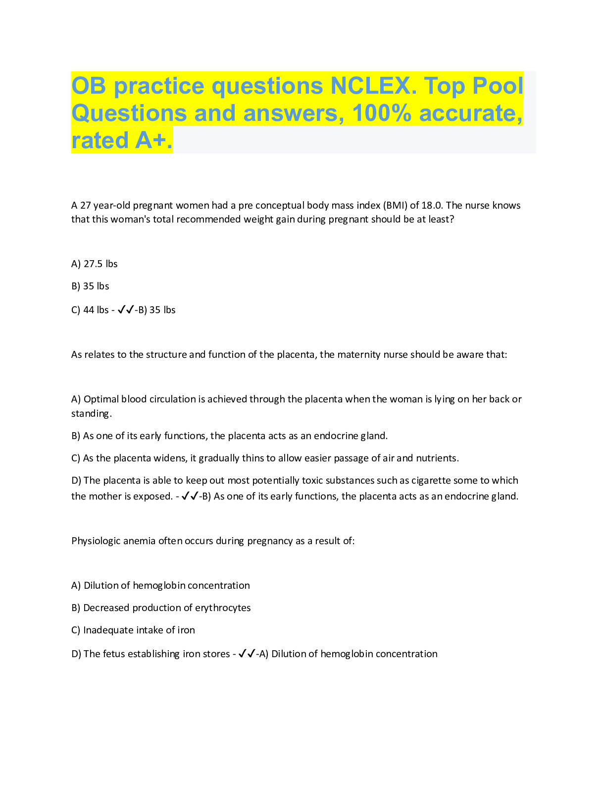 Preview image for OB practice Questions  And Answers NCLEX